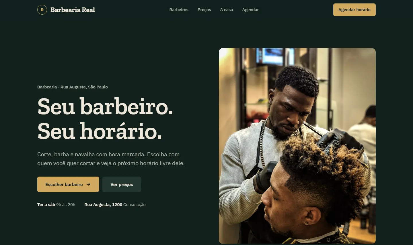 Página inicial da Barbearia Real no computador