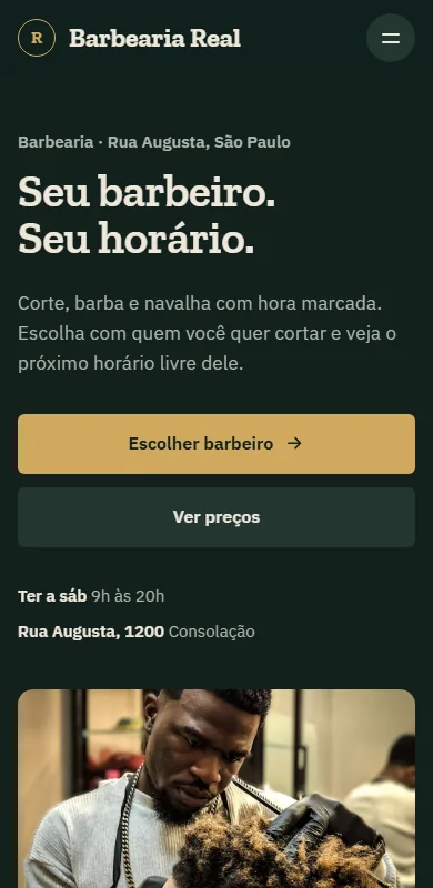 Página da Barbearia Real no celular