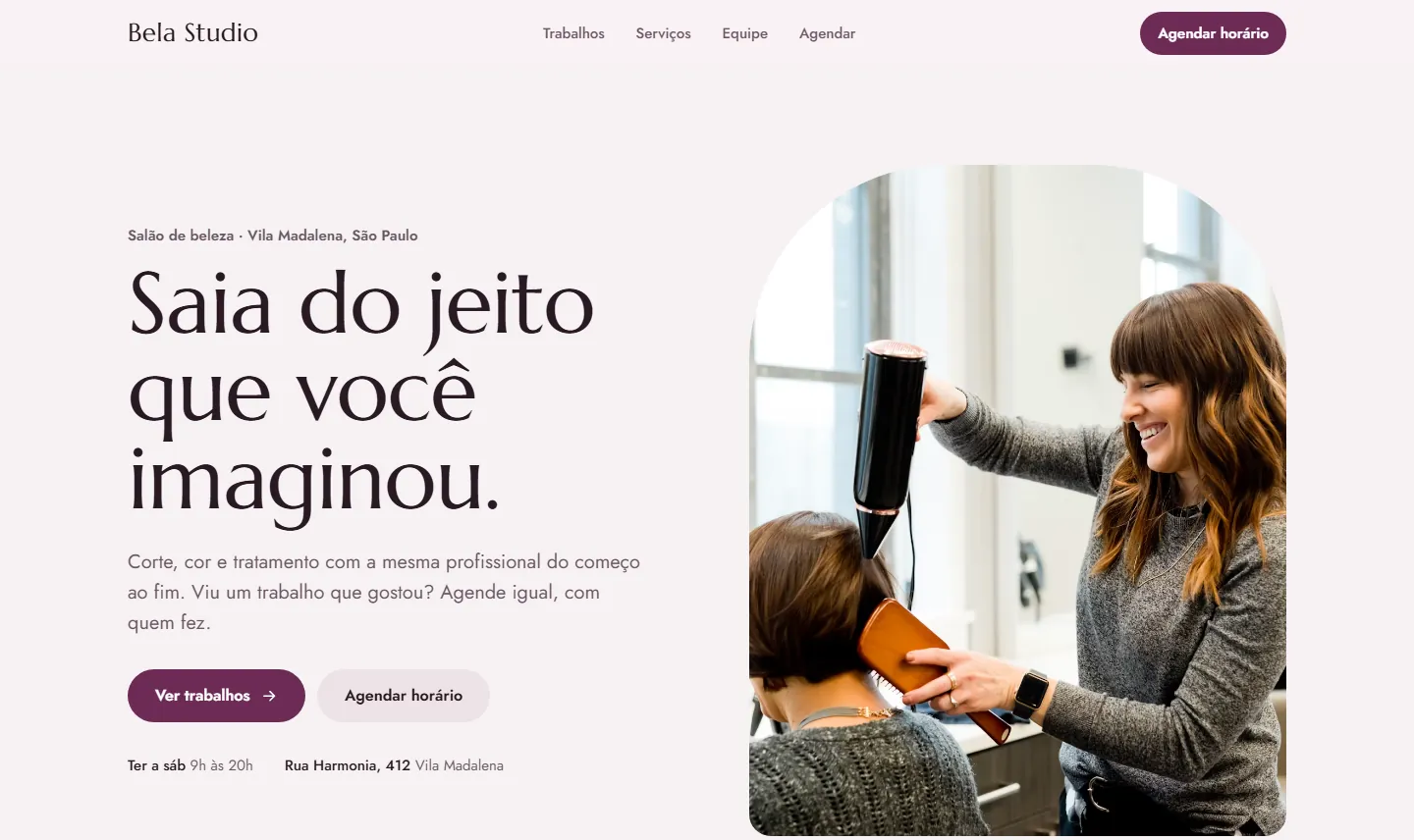 Página inicial do salão Bela Studio no computador